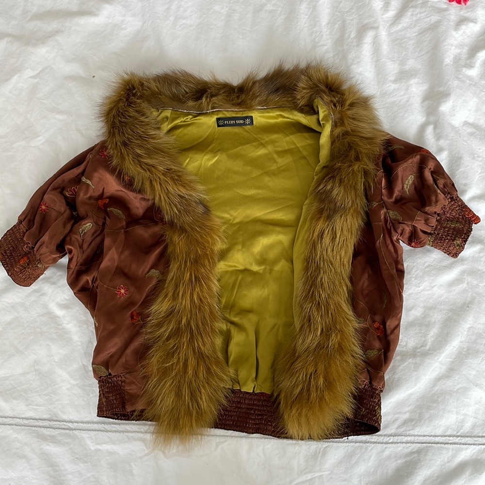 COLLECTORS DREAM!!! PLEIN SUD SILK FUR EMBROIDERED JACKET NEON GEEEN RICH BROWN